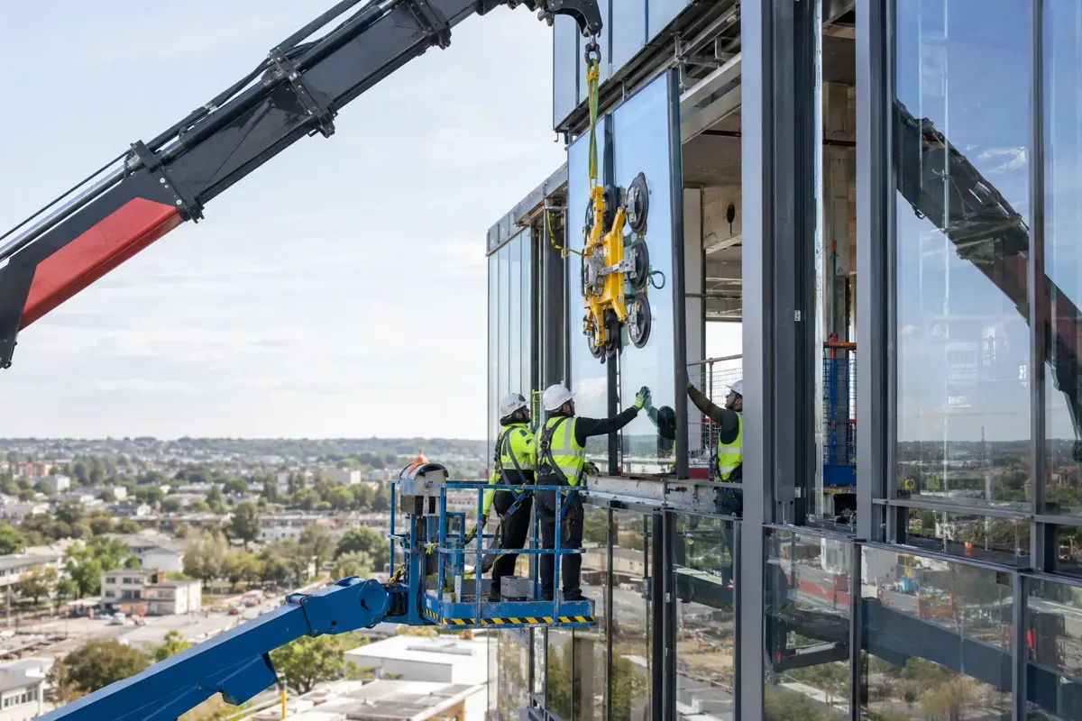 A glazed curtain wall panel being installed with lifting equipment