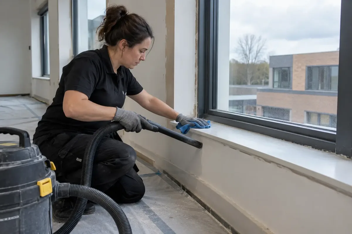 Cleaner using a commercial dust extractor and microfibre cloth to remove fine plaster dust from newly fitted office windowsills after refurbishment. Protected new floor and small traces of building dust, unfinished trim, no heavy debris.