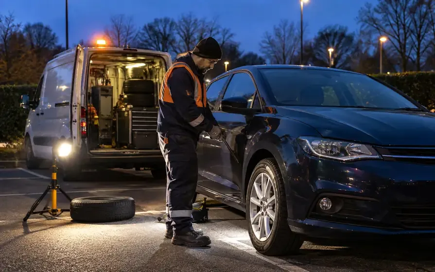 Technician beside a dark car with a work light and mobile fitting van at night