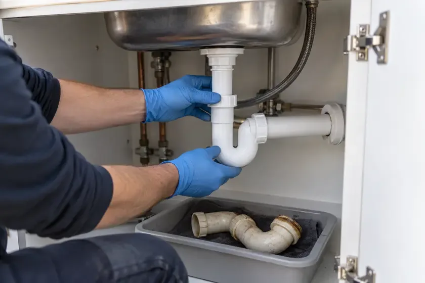 Plumber replacing a white plastic waste trap beneath a kitchen sink.