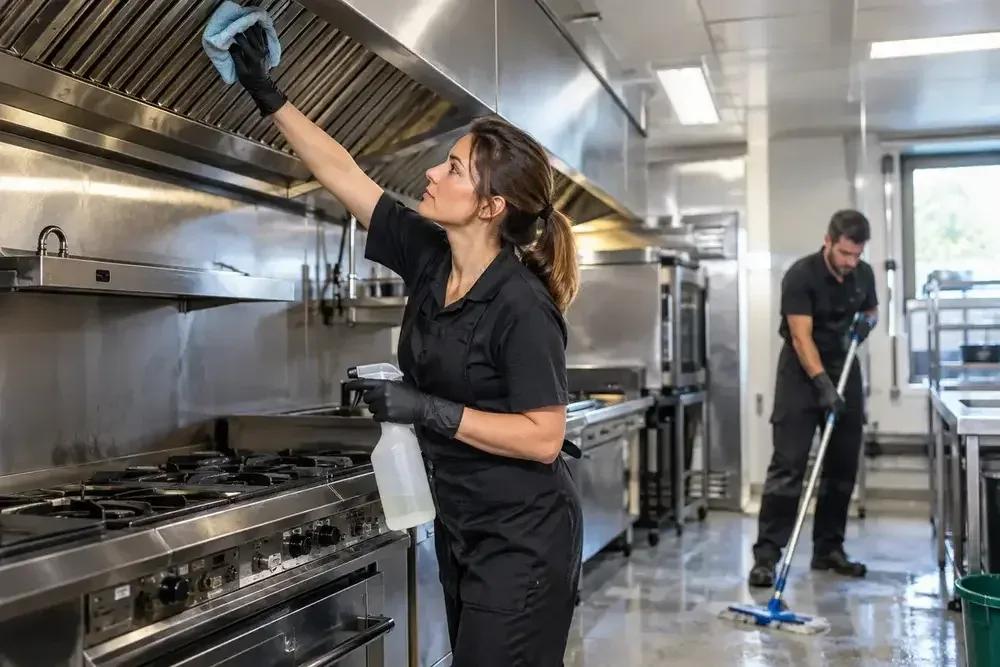 Cleaners degreasing a commercial kitchen extraction hood