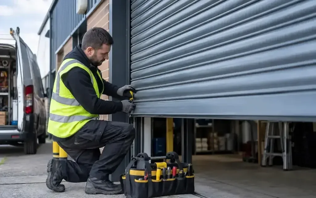 Technician inspecting the edge of a steel roller shutter curtain