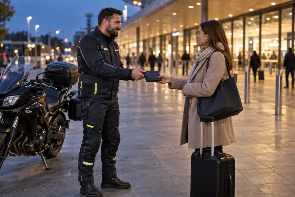 a motorcycle courier preparing or handing over a suitable consignment