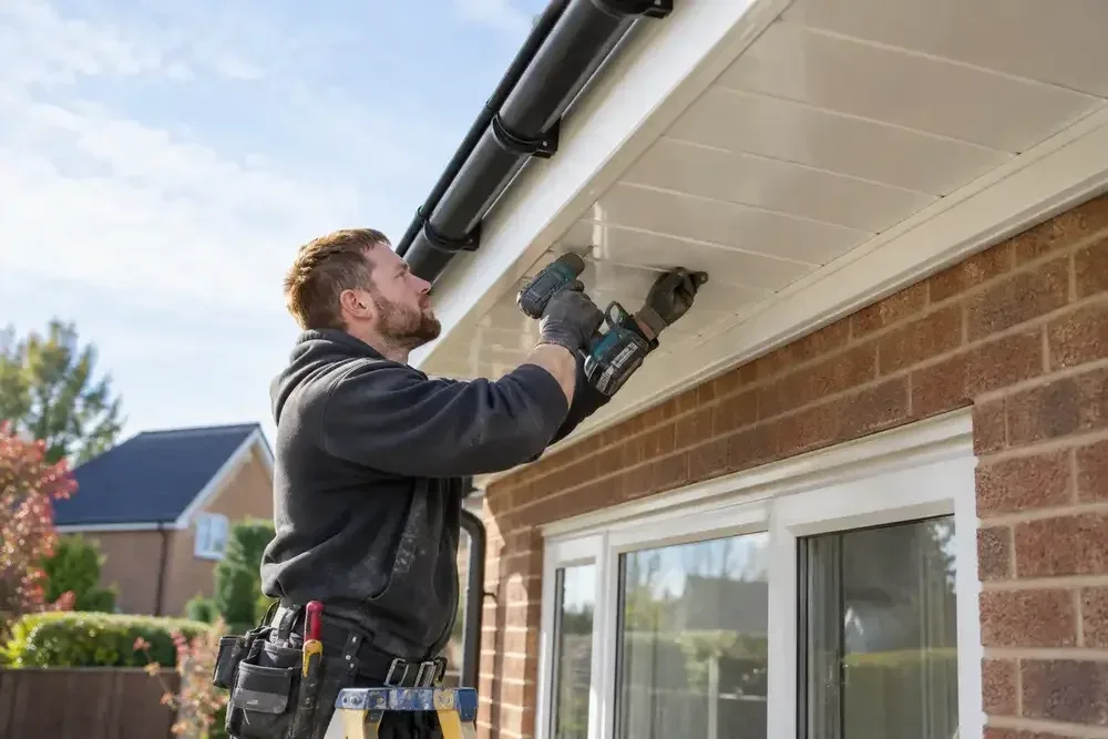 Worker securing white soffit panels beneath house eaves