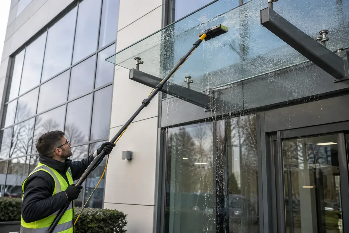 Ground-based window cleaner using a long water-fed brush on the underside of a glass entrance canopy, with steel supporting brackets and water droplets clearly visible.