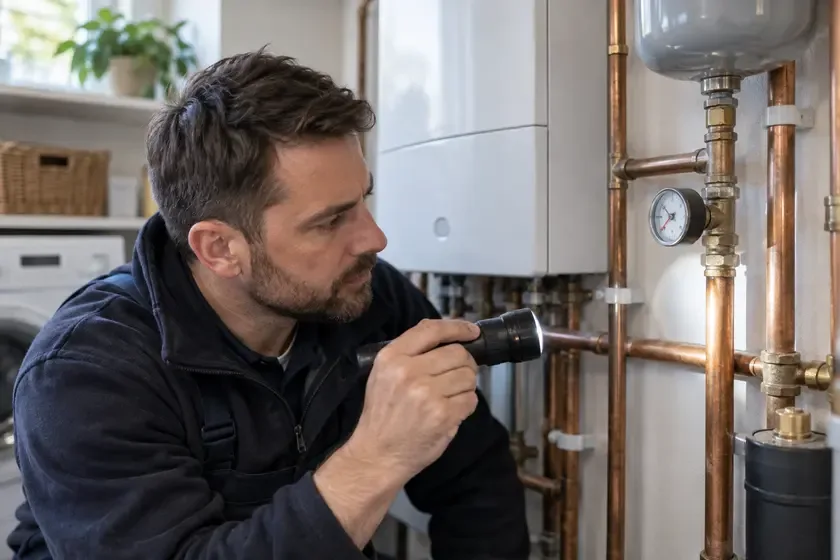 Heating engineer inspecting a pressure gauge and pipe joints.