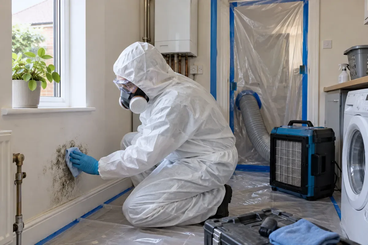 Protected remediation worker treating mould in an isolated work area