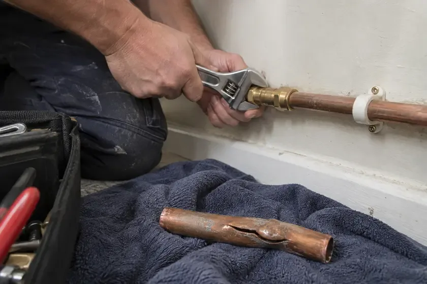 Plumber replacing a burst copper pipe section beside the removed split pipe.