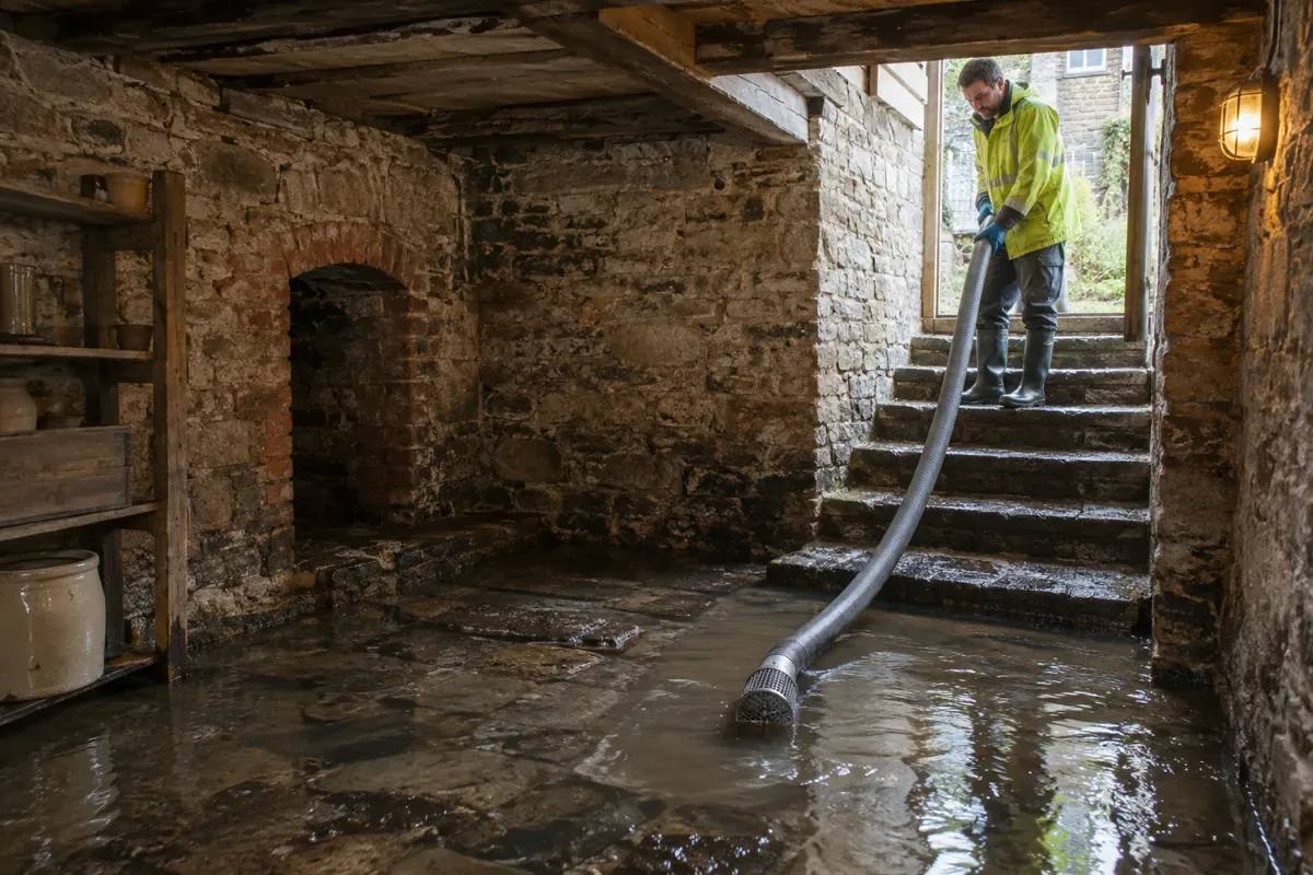 Pump hose removing floodwater from a below-ground cellar