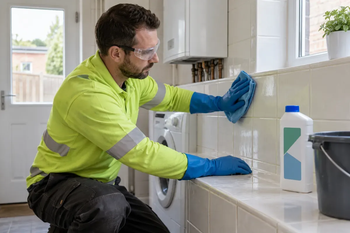 Gloved technician wiping cleaned tiles during flood sanitisation