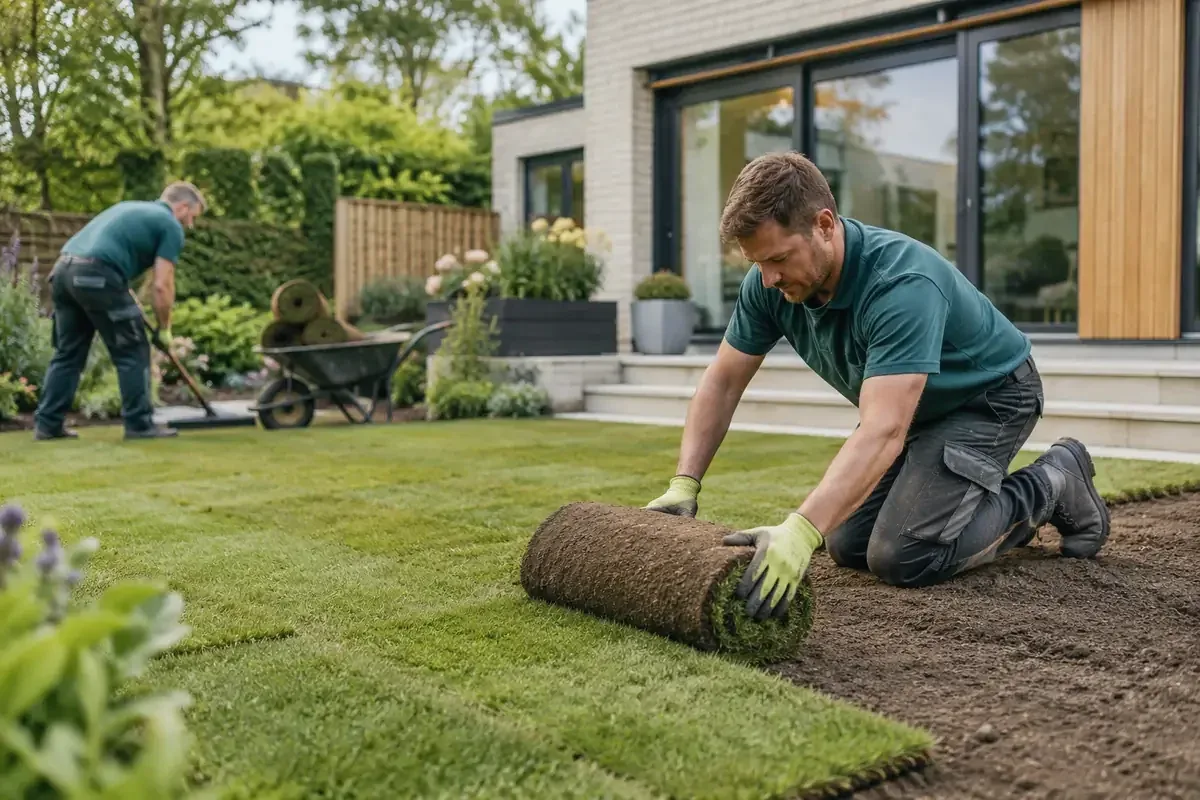 Gardeners rolling out natural turf on a prepared lawn