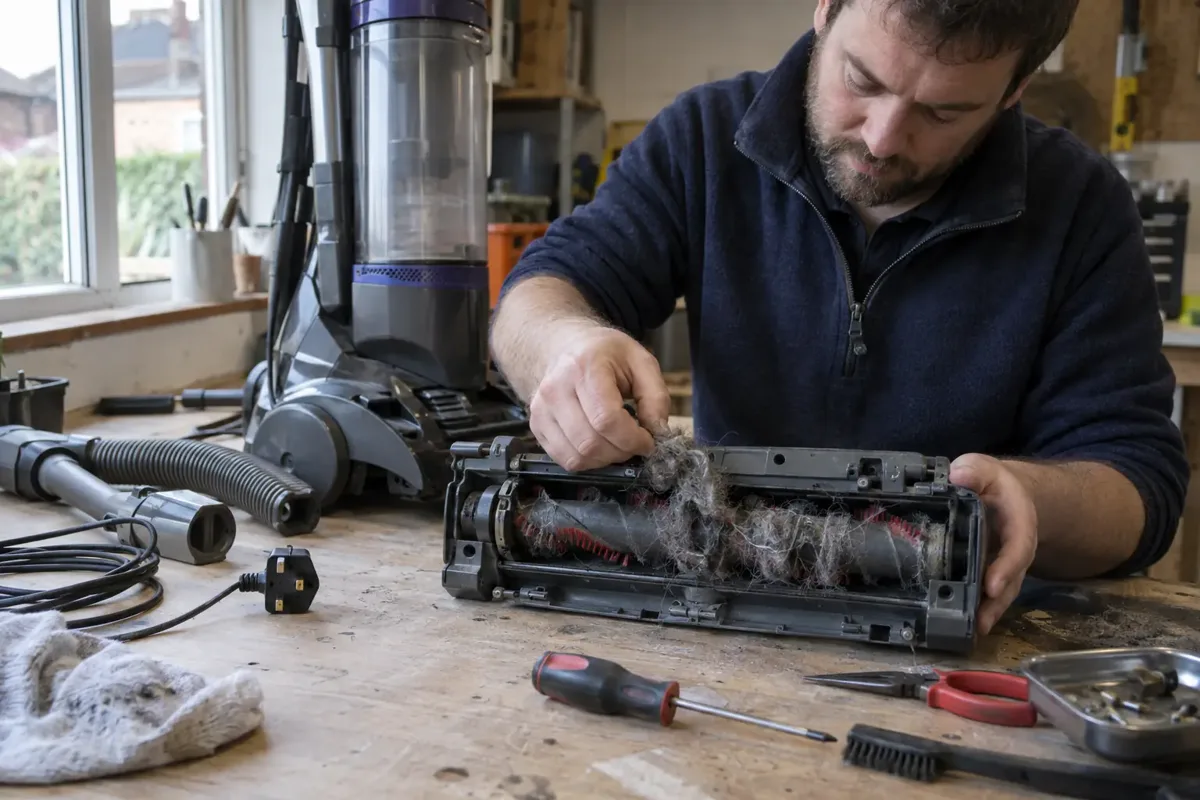 Technician at a bench repairing an upright household vacuum cleaner, detached floorhead turned over to show cylindrical brush roller, hand removes tangled lint from brush while machine body and flexible hose remain clearly visible, disconnected power plug.