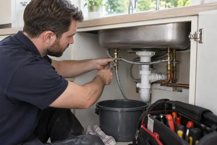 Plumber replacing a tap supply hose in daylight.