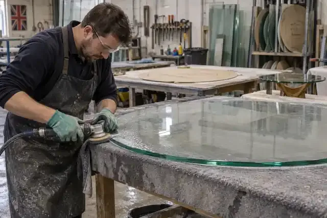 Craftsperson finishes the curved edge of a large round glass tabletop on a padded fabrication bench with a wet polishing tool; round templates and a finished glass top are behind.