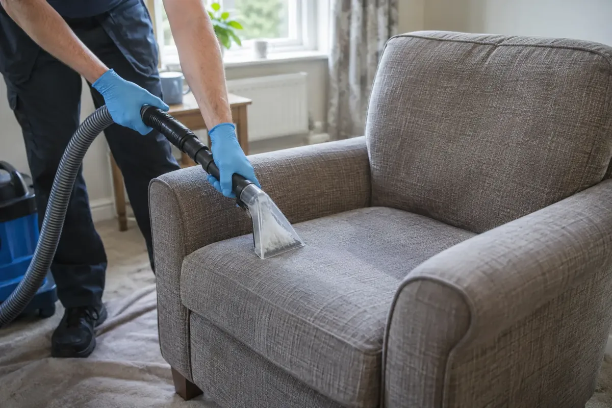 Professional cleaner using a transparent upholstery extraction hand tool on the seat cushion of a single fabric armchair, chair arms and back fully recognizable, flexible hose and gloved hands.