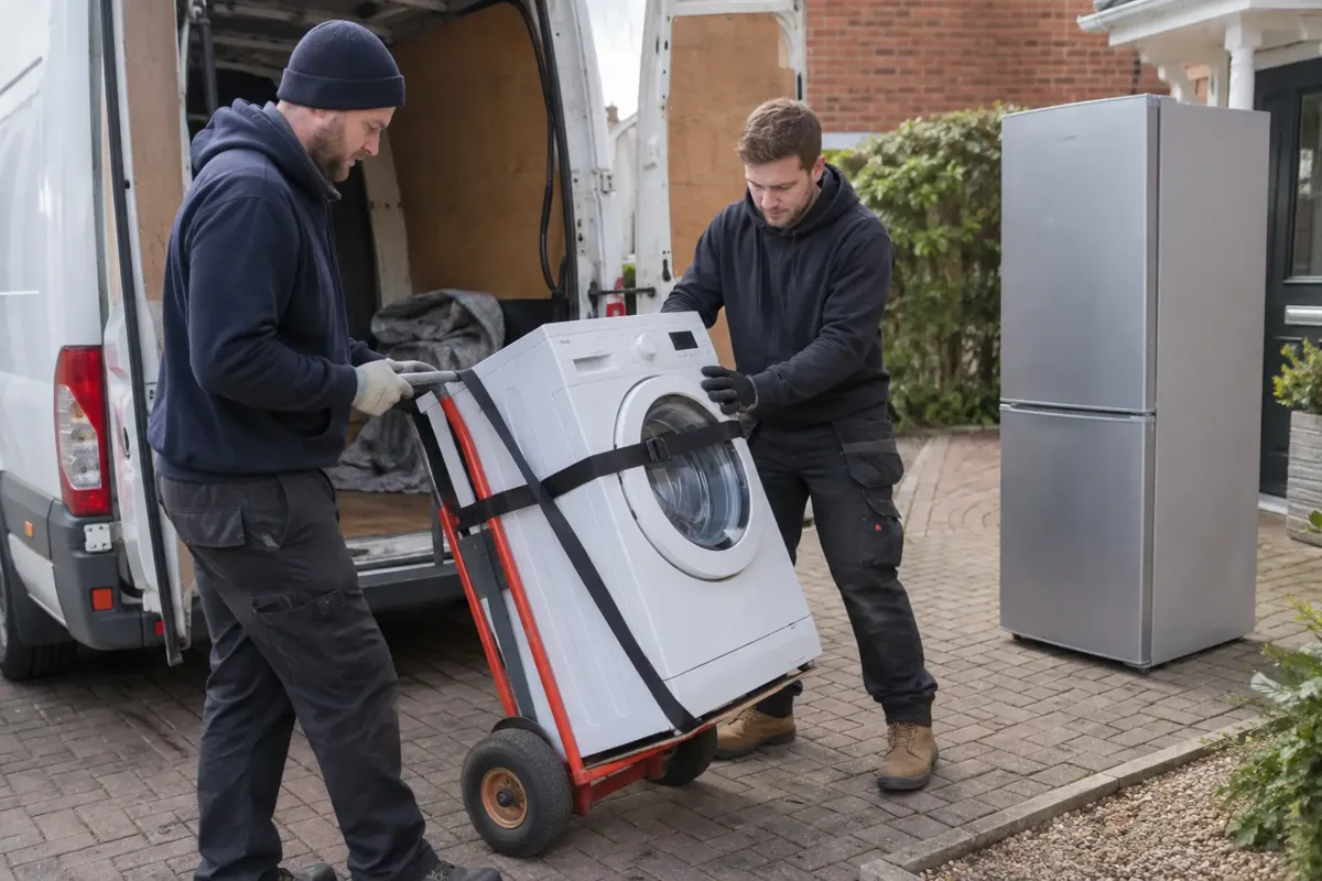 Two removal workers moving a strapped front-loading washing machine on an appliance trolley beside a van, with an upright fridge waiting nearby.