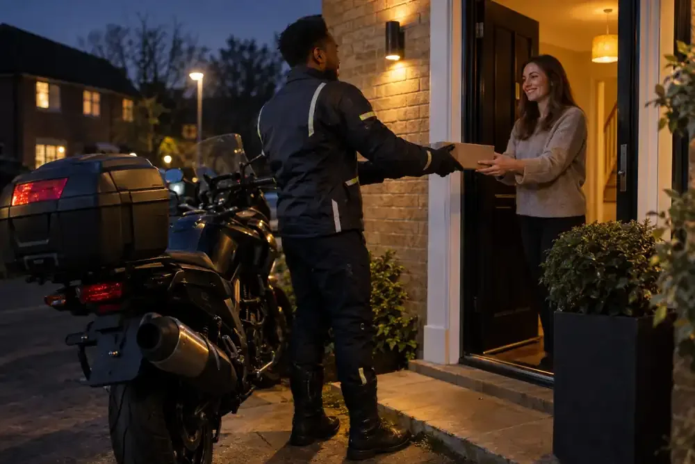 a motorcycle courier preparing or handing over a suitable consignment