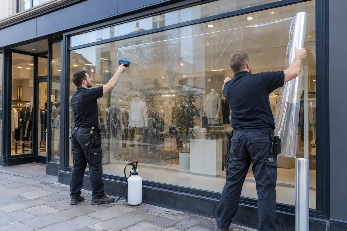 Glaziers applying clear safety film to a shopfront window