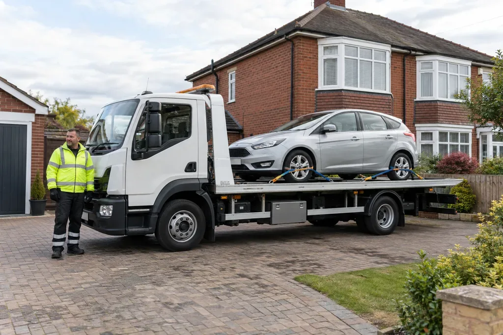 Flatbed delivering a car to an ordinary UK home
