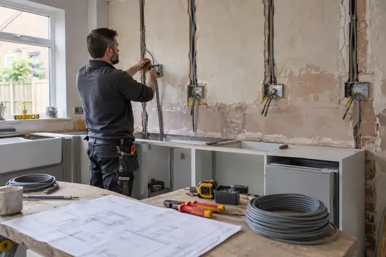 Electrician running cables to socket backboxes during a kitchen renovation.