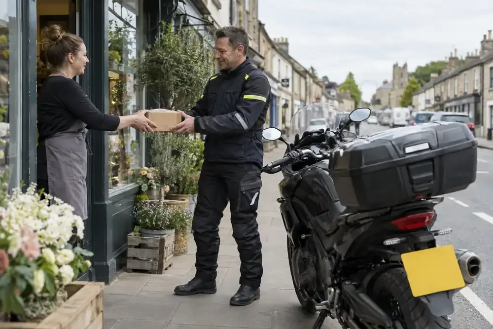 a motorcycle courier preparing or handing over a suitable consignment