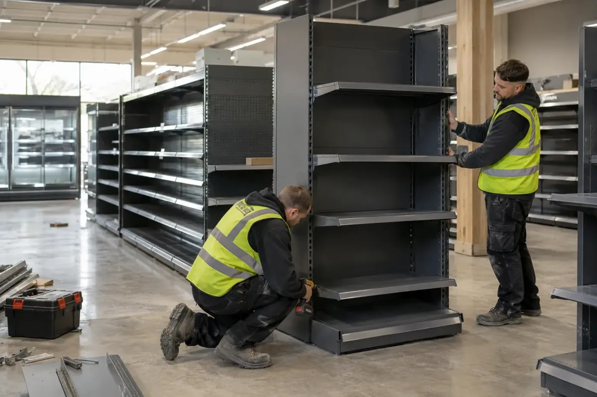 Two fitters assembling metal supermarket gondola shelving beside refrigerated cases.