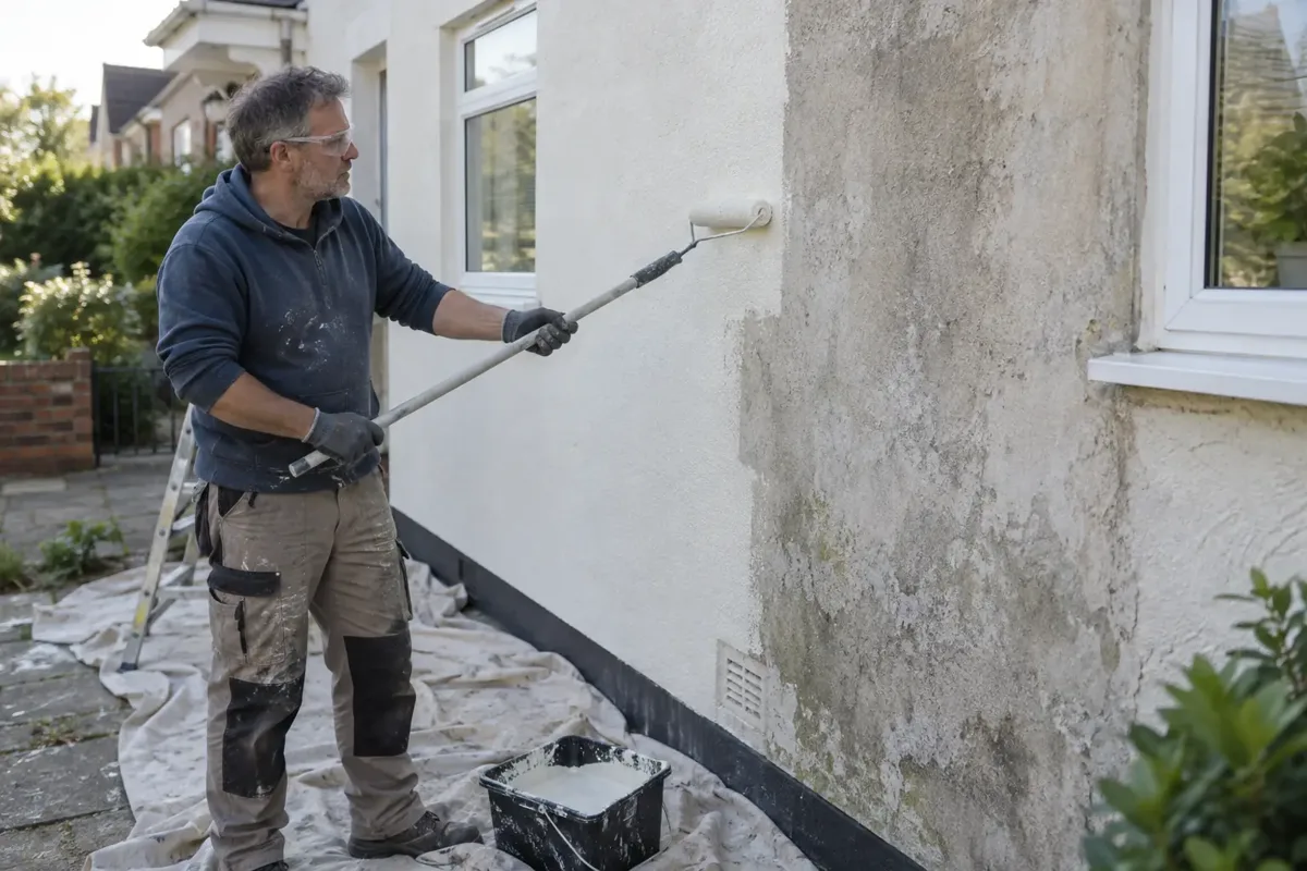 A decorator rolling pale exterior masonry paint onto a ground-floor rendered house wall, weathered unpainted patch adjoining freshly coated wall, drop sheet protects paving; standing on ground with gloves and eye protection.