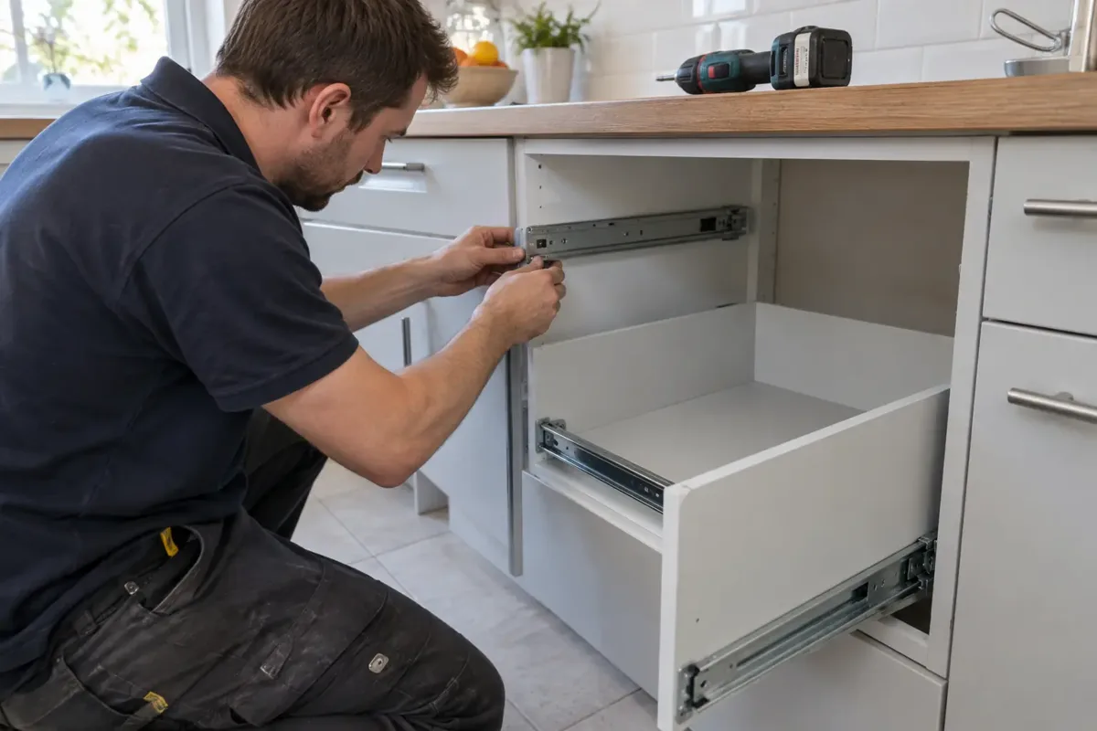 Fitter replacing kitchen drawer runners, with an open drawer box and metal telescopic runners clearly visible.