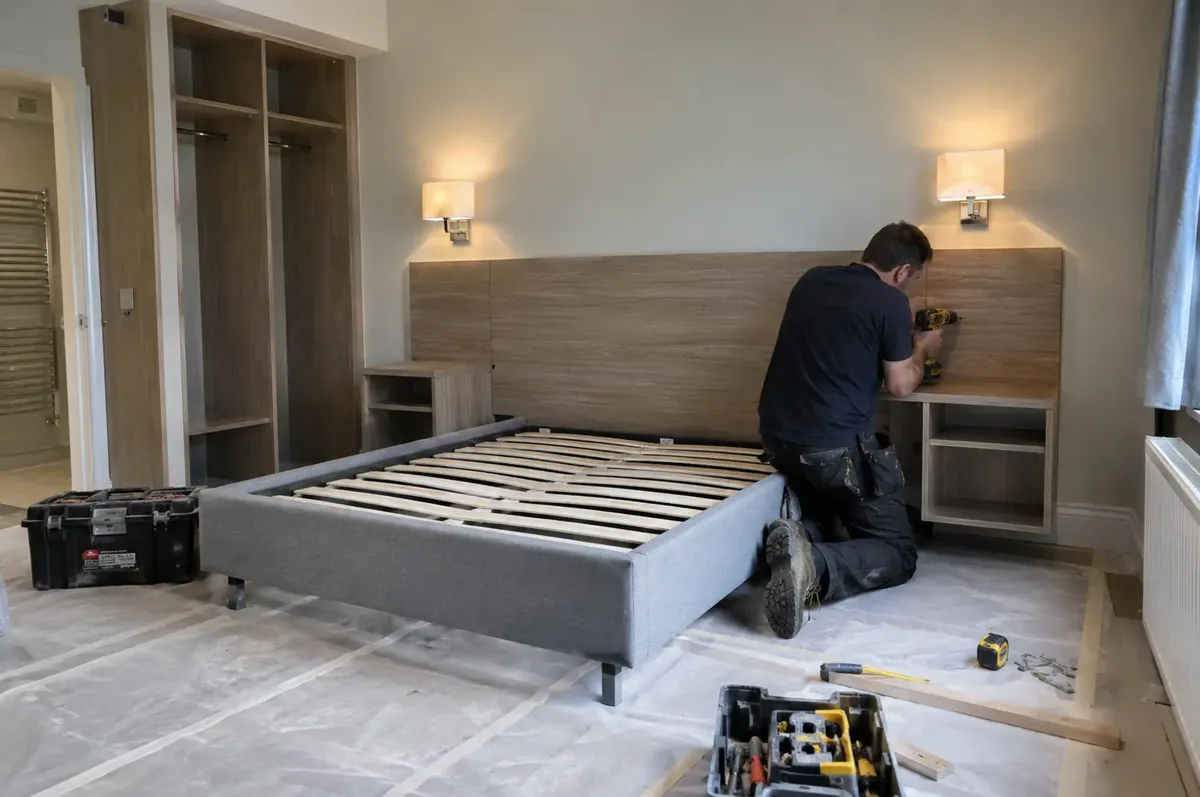 Joiner securing a fitted headboard and bedside unit in a hotel bedroom.