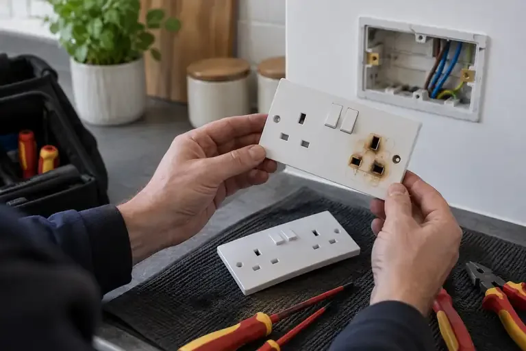 Burnt socket repairs: a professional electrician assessing or carrying out the electrical work.