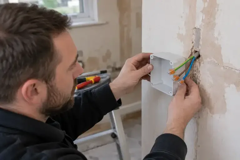 Electrician enclosing safely terminated cables in a protective junction box.