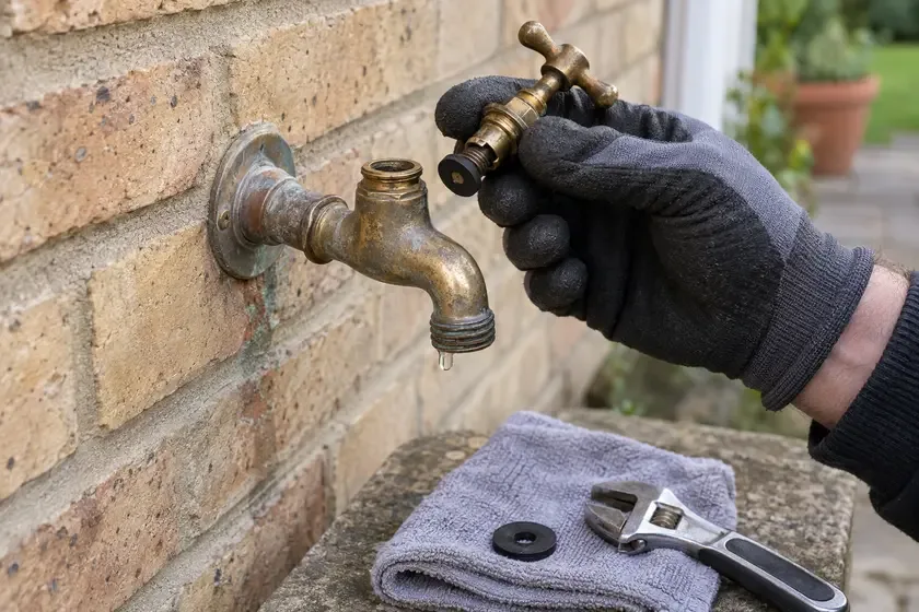 Plumber inspecting the washer and spindle removed from a leaking outside tap.
