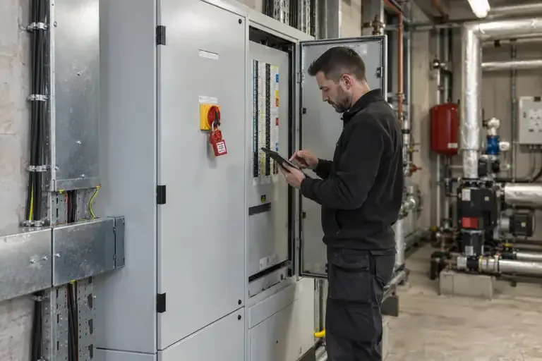 Electrician recording checks beside an enclosed distribution board in a plant room.