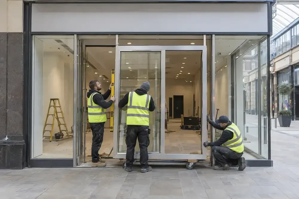 Team fitting a full-height glazed shopfront and entrance
