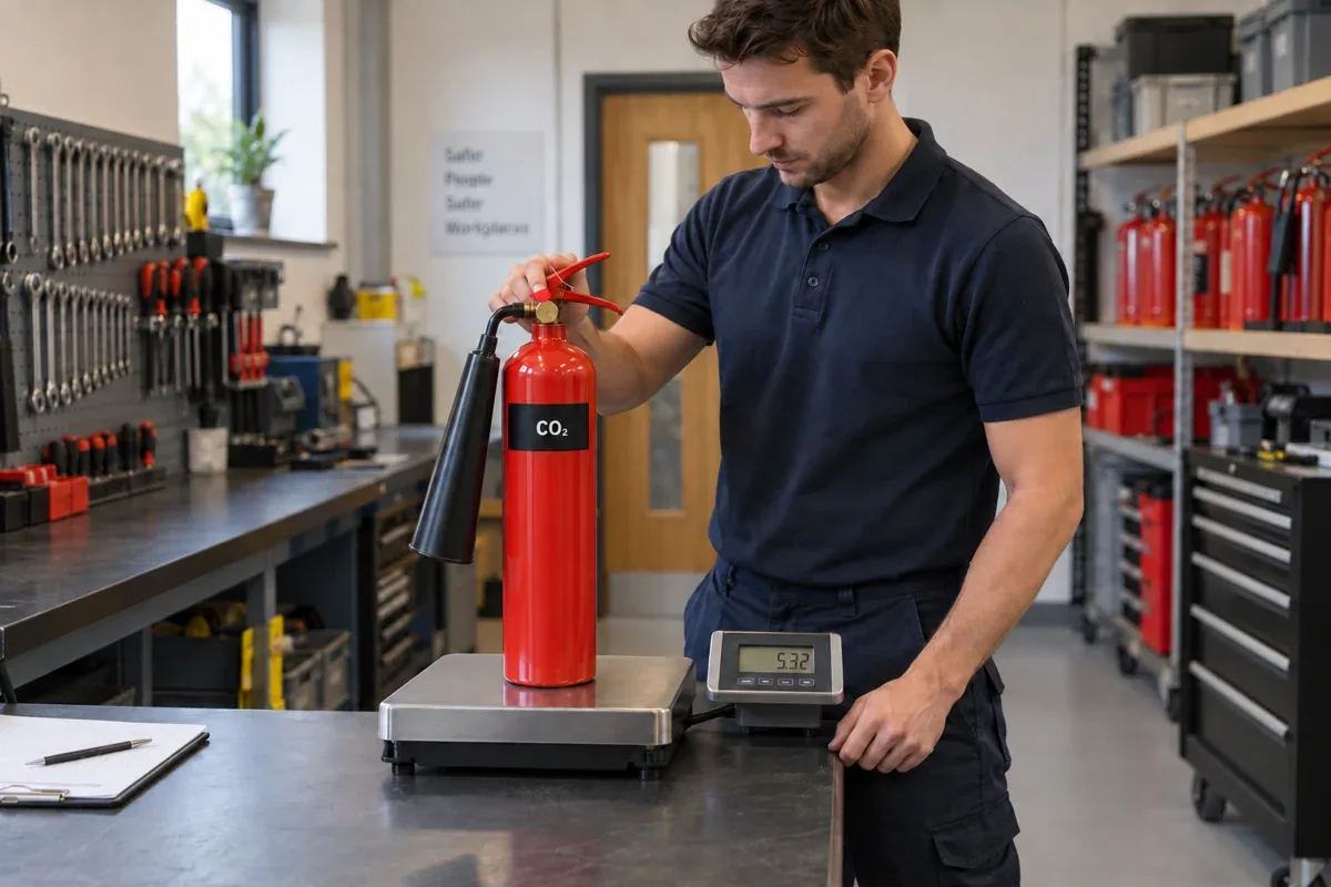 AI-generated illustration: Technician weighing a CO2 extinguisher with a black discharge horn on a platform scale.