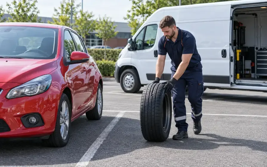 Technician rolling a replacement tyre toward a red hatchback