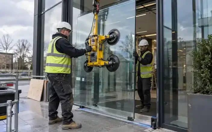 Commercial glazing team installs a large glass panel using a lifting rig.