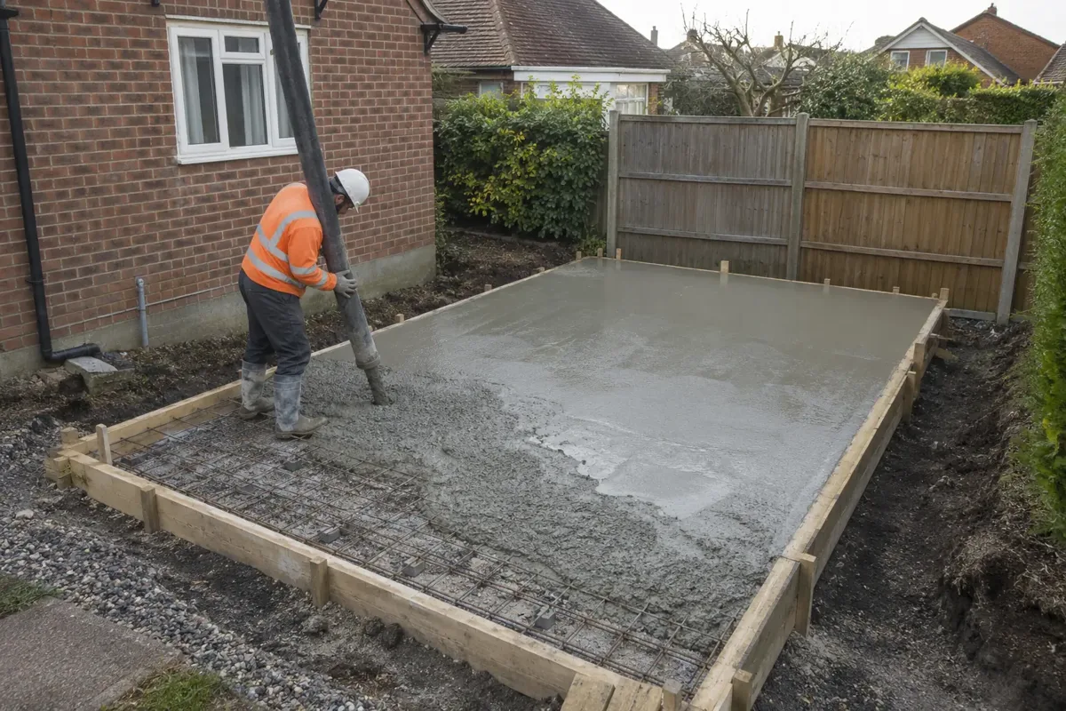 PPE-clad concrete worker guides a delivery hose onto a compact rectangular garage base at the side of a UK house. Prepared perimeter formwork, reinforcement at one edge and fresh level concrete, detached-garage-sized slab clearly visible from slightly elevated wide angle.