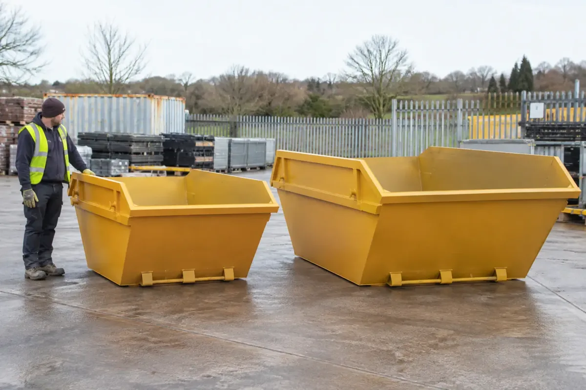 Two open skips of visibly different small and medium sizes standing in a depot with a worker for scale.