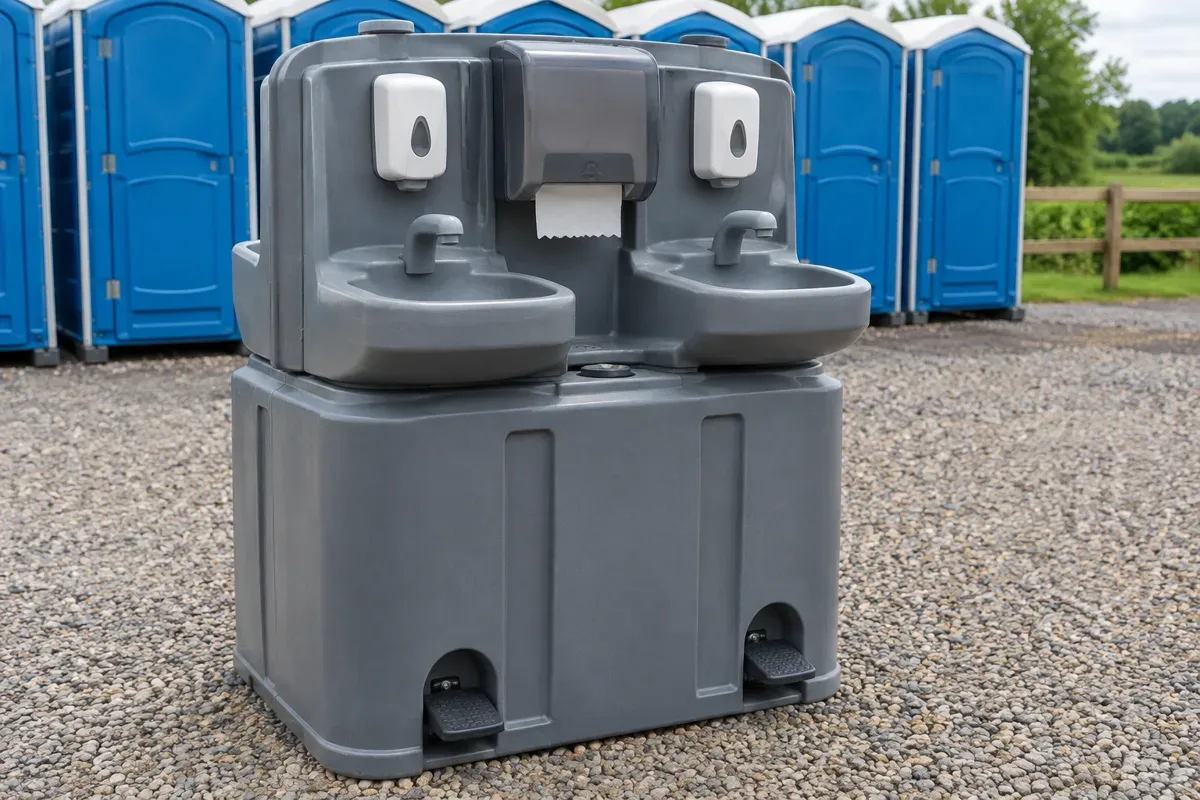 Illustration of a twin-basin portable hand-wash station with foot pumps