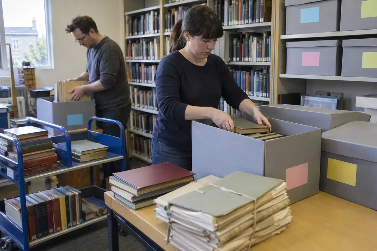 Removal staff packing library books and archival file bundles into sturdy lidded archive boxes in a library storeroom, shelves of books and record boxes visible, colour-coded blank label cards with no writing, loaded library trolley and careful hands.