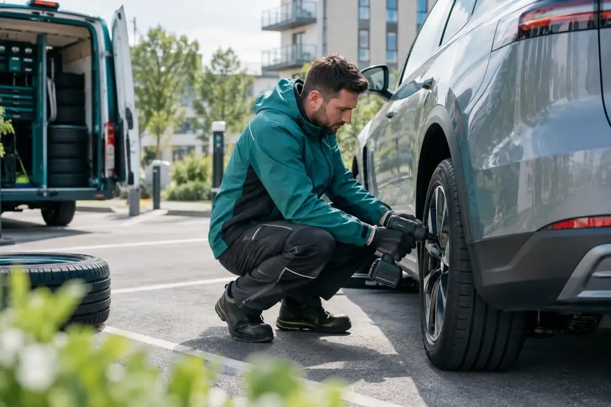 Mobile tyre technician servicing an electric car