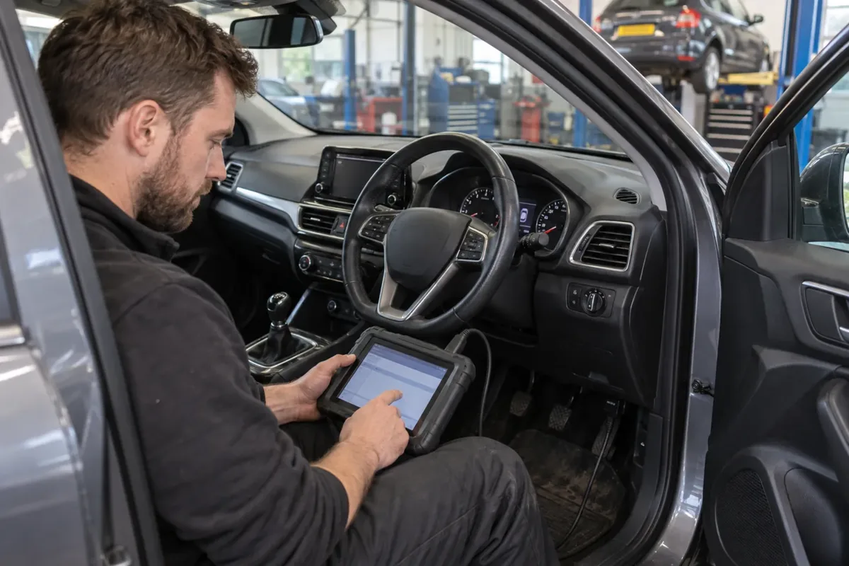 Diagnostic scanner beside an intact steering wheel and airbag cover.