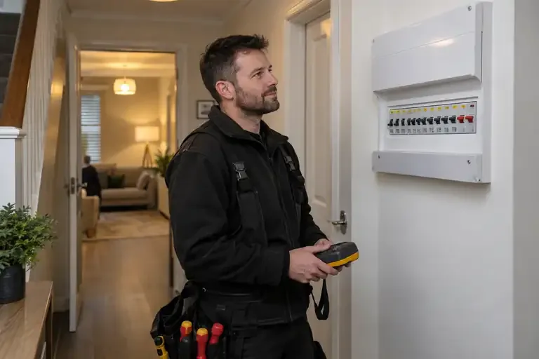 Electrician checking a closed consumer unit with lights restored in the hallway behind.