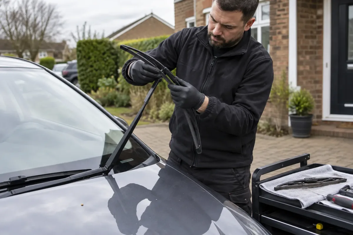 Mechanic replacing a wiper blade before an MOT test