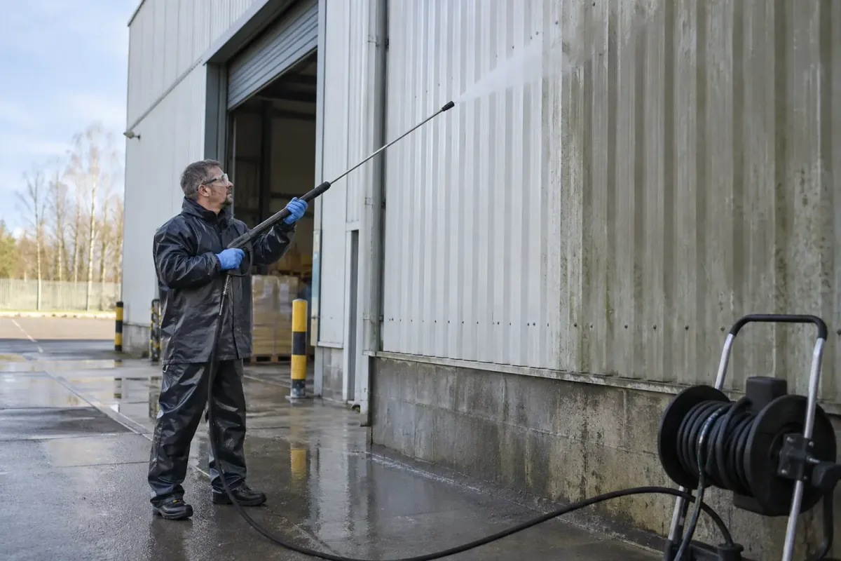 An industrial cleaning worker washing weathered corrugated metal wall cladding of a warehouse from ground level with a long lance, visible clean strip on cladding, hose reel, warehouse loading area safely empty, gloves, goggles, waterproof clothing and boots.