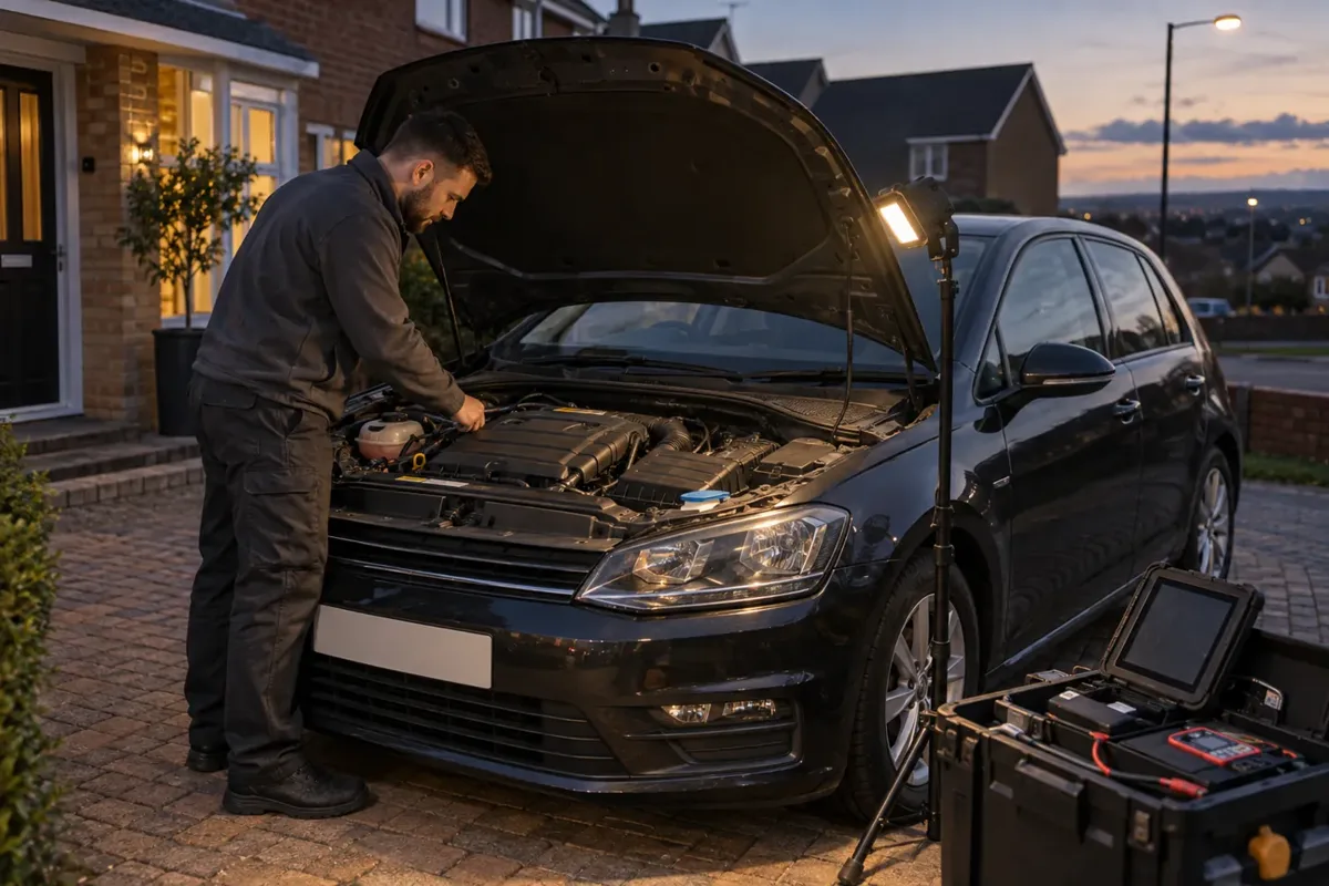 Mobile auto electrician inspecting a car engine bay at dusk.