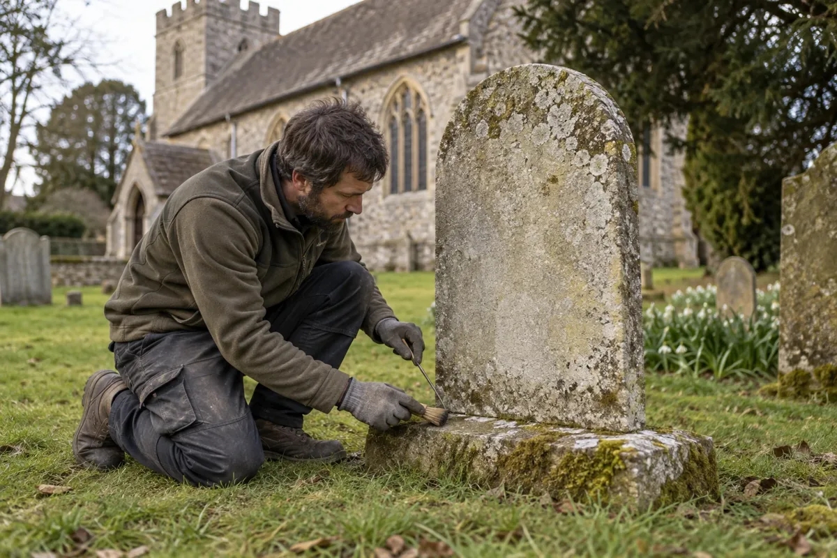 Memorial stone repairs specialist at work