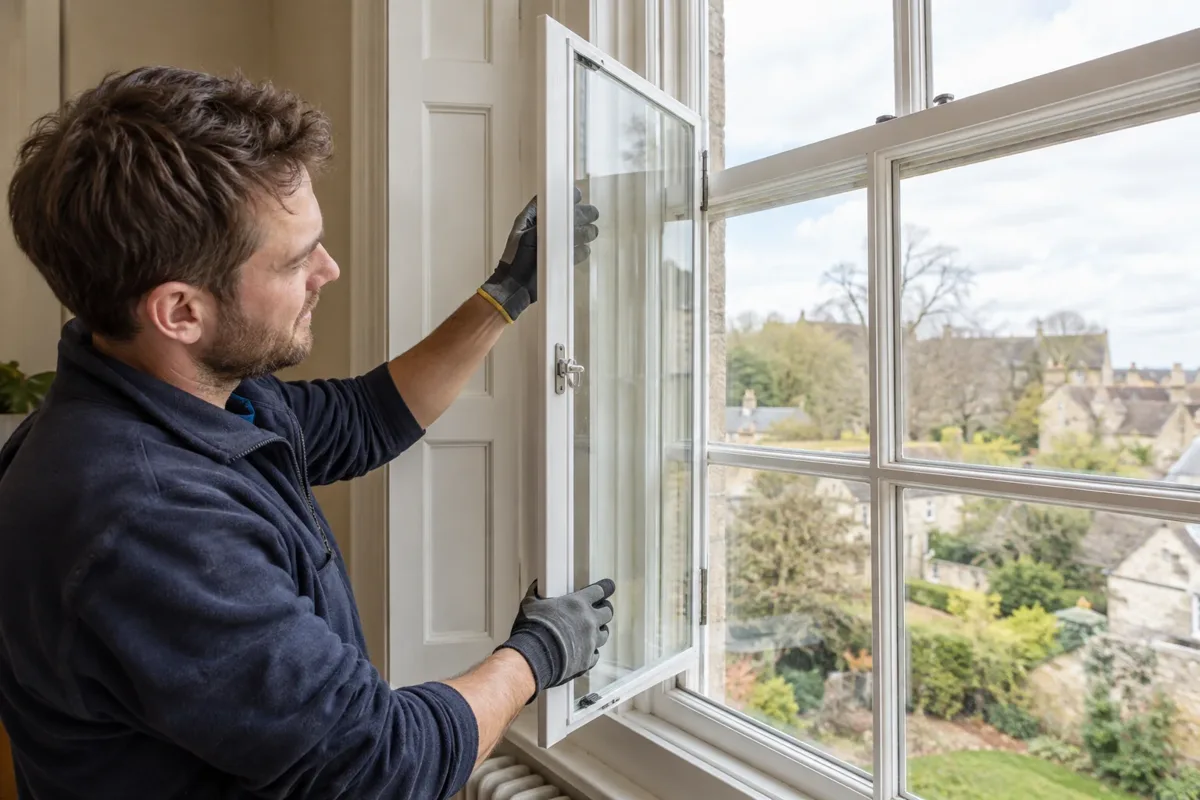 Installer checking an open hinged secondary-glazing panel