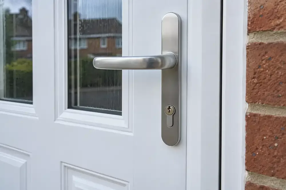 Completed euro-cylinder replacement with brushed-metal handle on a closed white door.